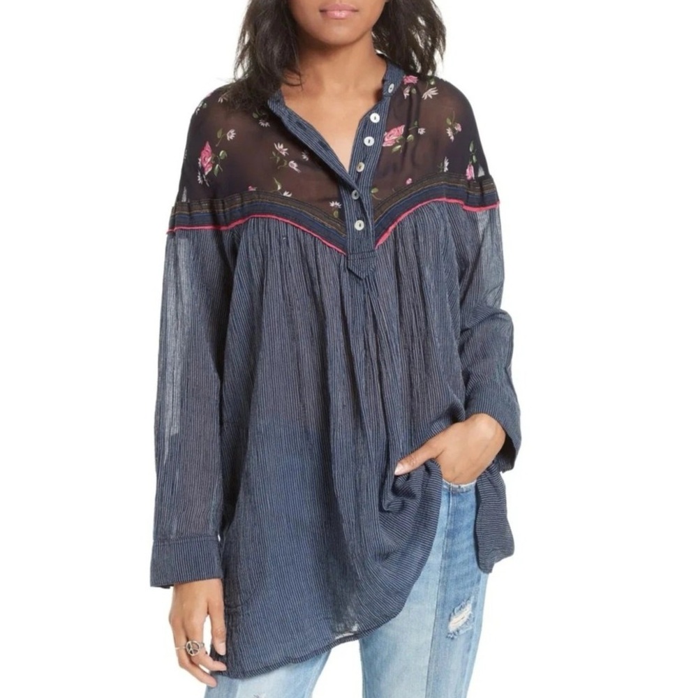 Free People Hearts and Colors Floral Striped Tunic Top Navy Pink S/P